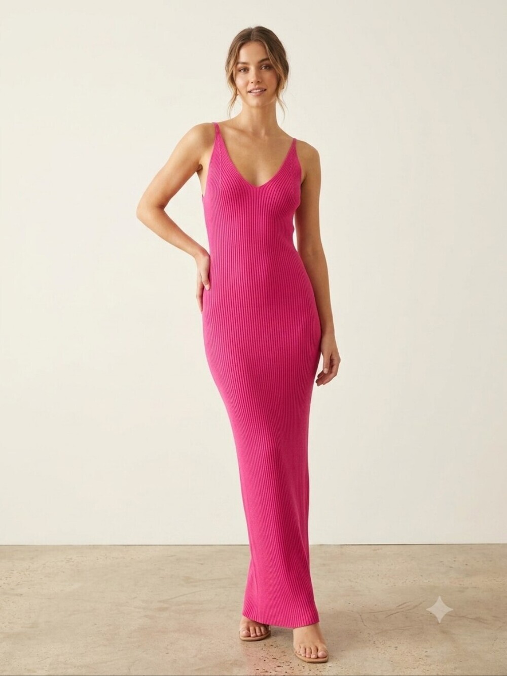 Freshman Ribbed V-Neck Maxi Dress - Hot Pink